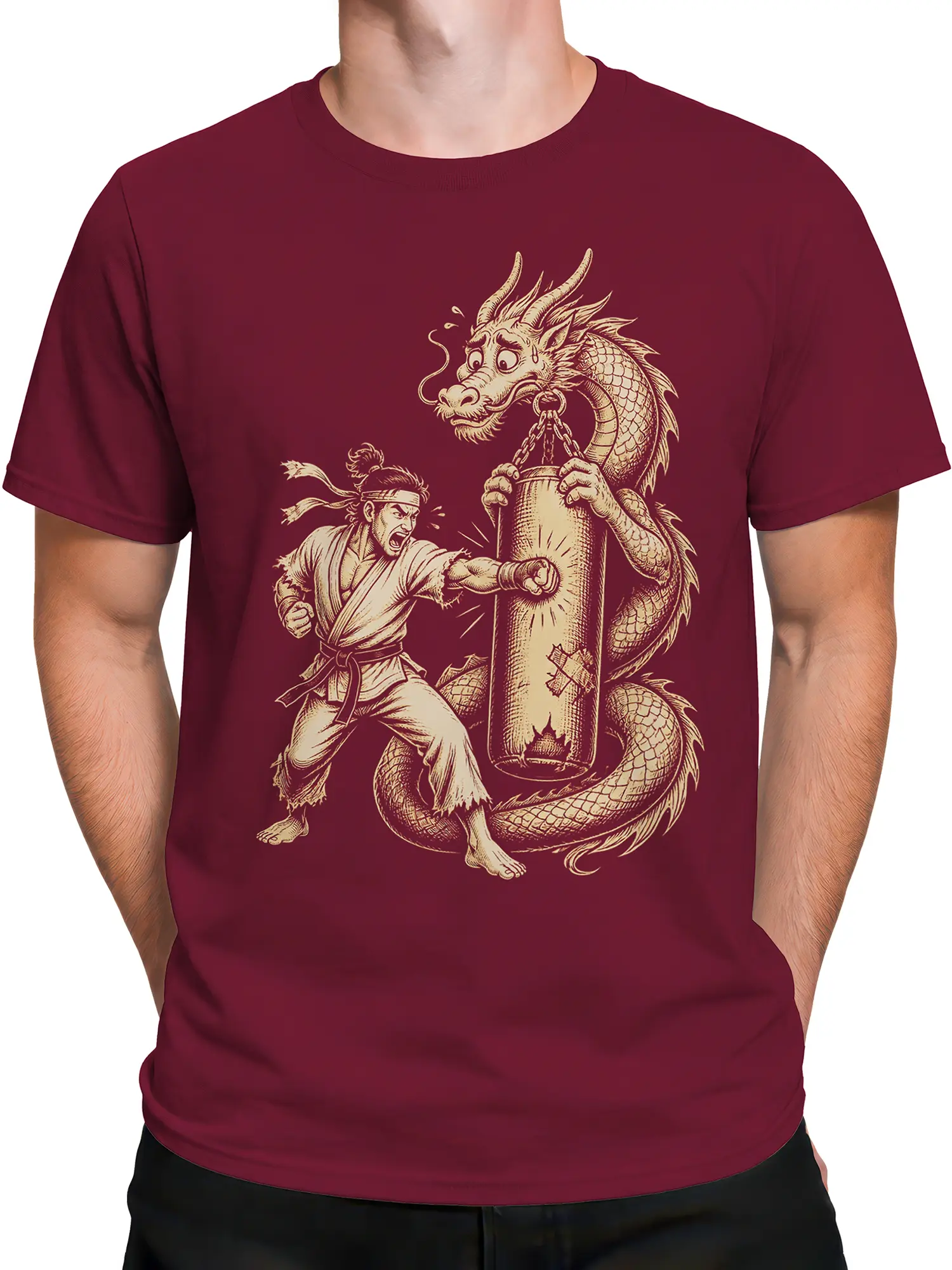 Male torso wearing burgundy martial arts T-shirt with cream dragon illustration
