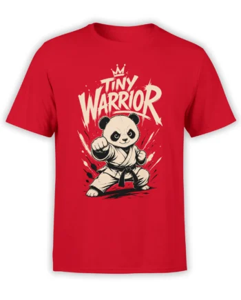 Red T-shirt featuring a crowned panda in a martial arts pose with bold Tiny Warrior lettering
