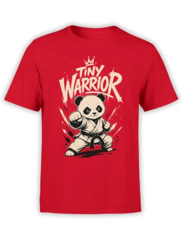Red T-shirt featuring a crowned panda in a martial arts pose with bold Tiny Warrior lettering