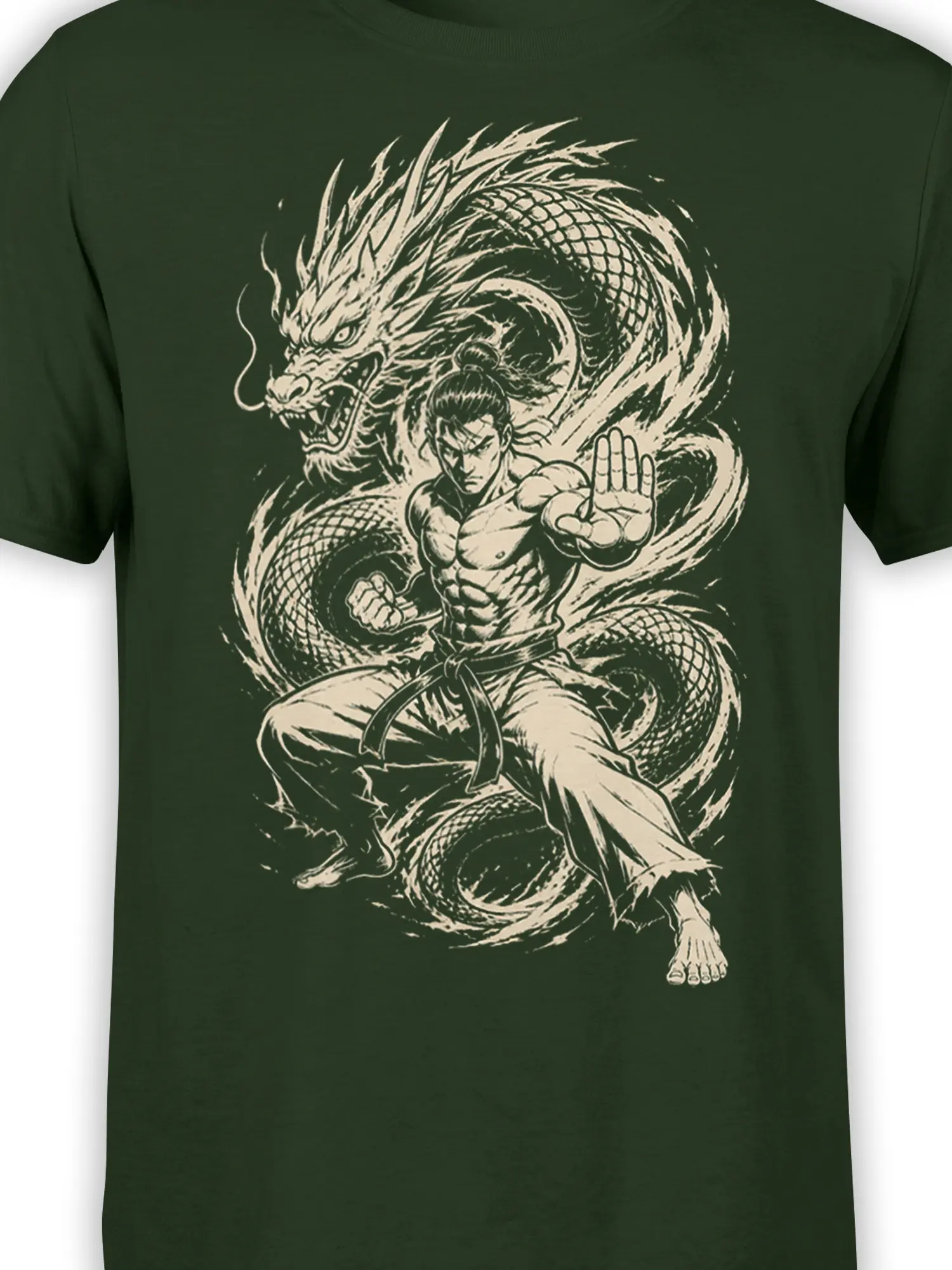 Close-up of a cream dragon and martial artist fantasy design printed on a dark green T-shirt
