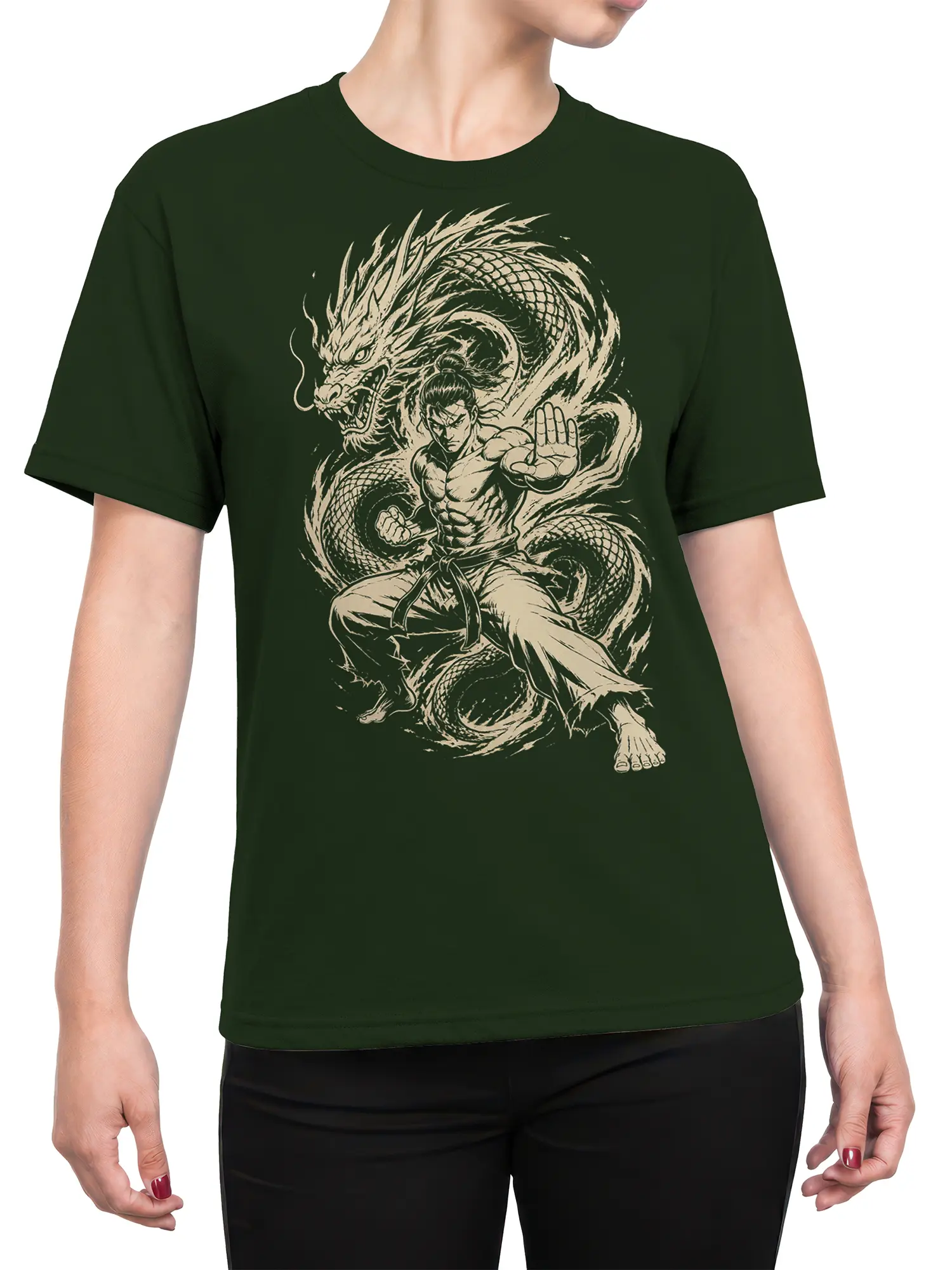 Female torso wearing a dark green fantasy T-shirt with a cream martial artist and coiling dragon design
