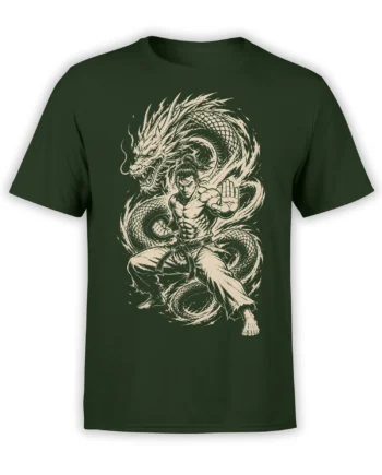 Dark green fantasy T-shirt showing a martial artist in a defensive pose with a coiling cream dragon