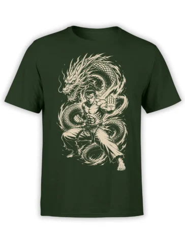 Dark green fantasy T-shirt showing a martial artist in a defensive pose with a coiling cream dragon