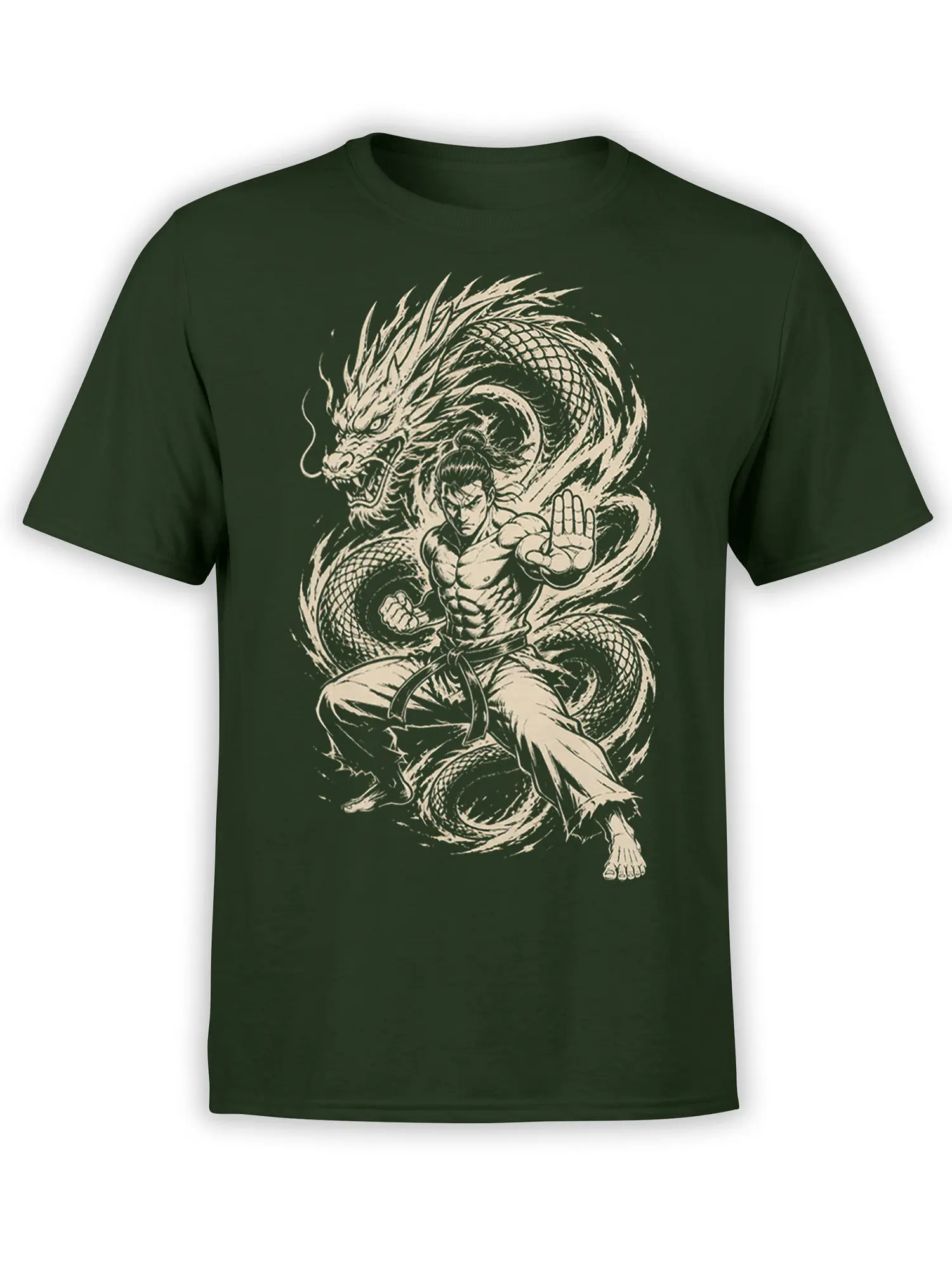 Dark green fantasy T-shirt showing a martial artist in a defensive pose with a coiling cream dragon
