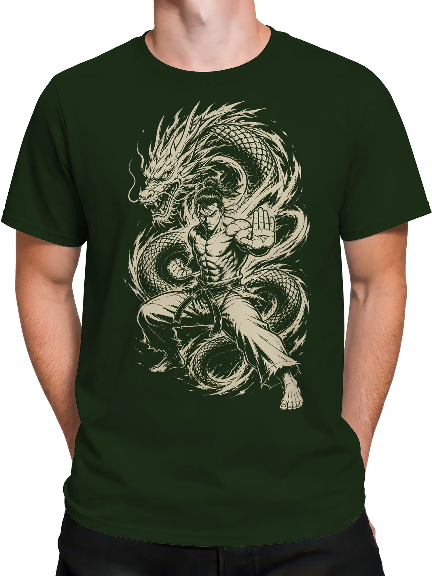 Male torso wearing a dark green dragon T-shirt with cream martial arts artwork across the front