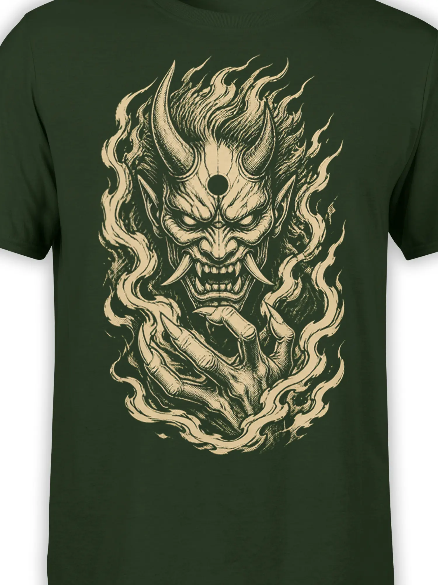 Close-up of horned demon face and clawed hand in cream ink on a dark green shirt
