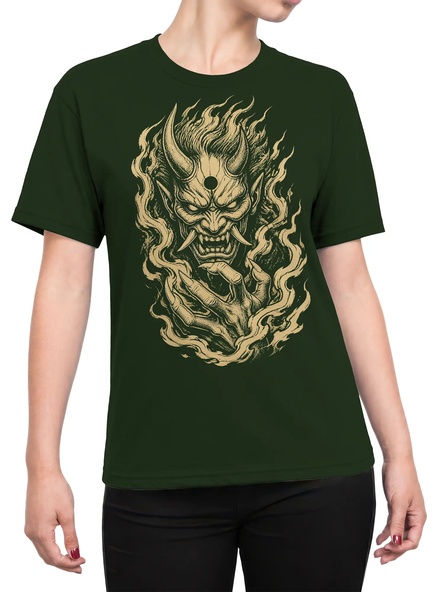 Female torso wearing a dark green demon T-shirt with horned face and flame graphic