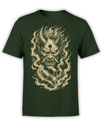 Dark green demon T-shirt with horned face, tusks, clawed hand, and cream flame artwork