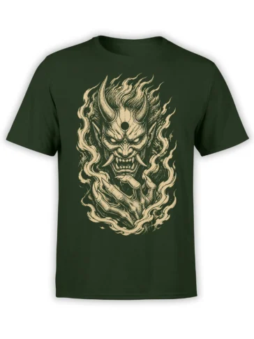 Dark green demon T-shirt with horned face, tusks, clawed hand, and cream flame artwork