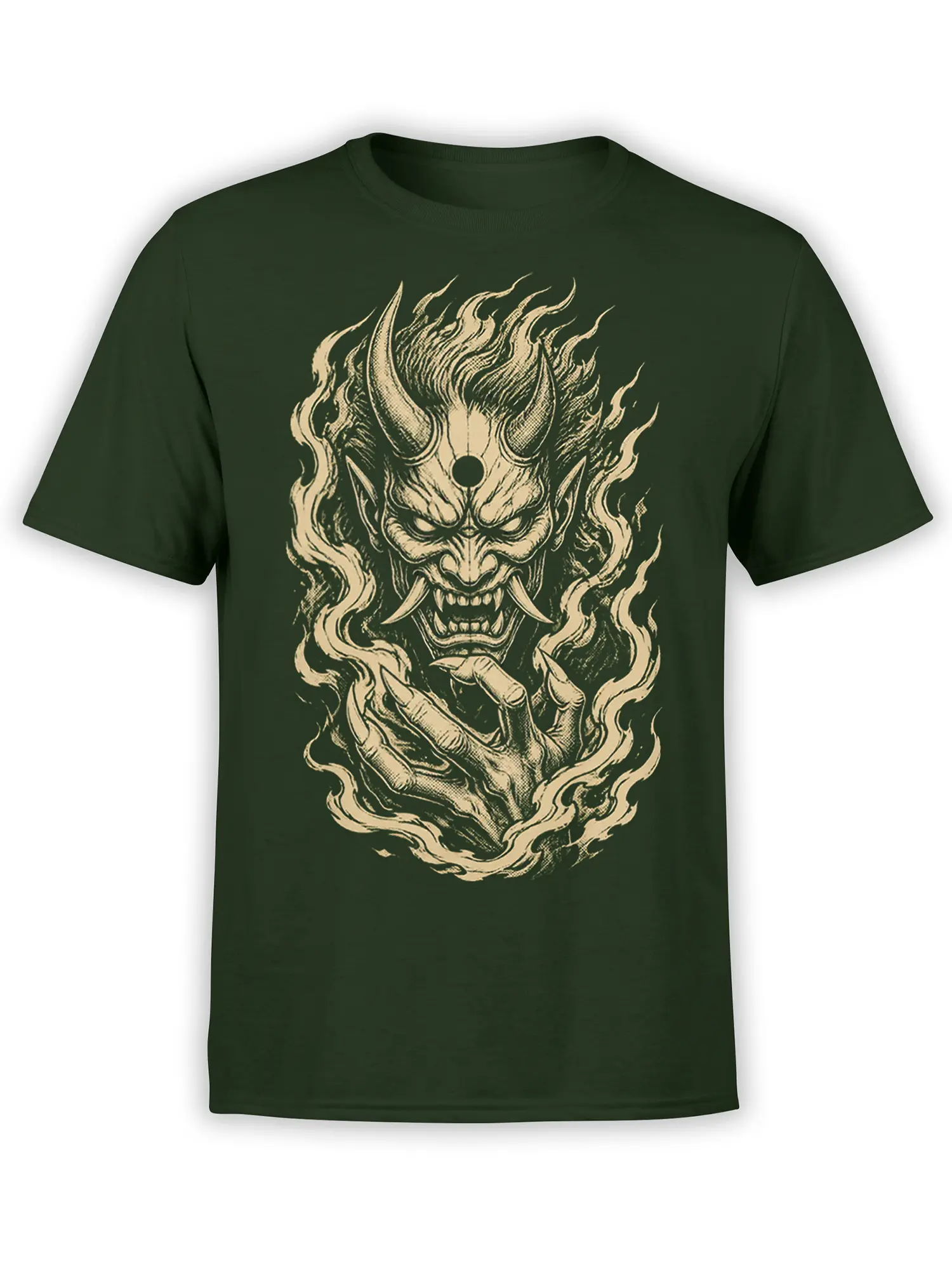 Dark green demon T-shirt with horned face, tusks, clawed hand, and cream flame artwork