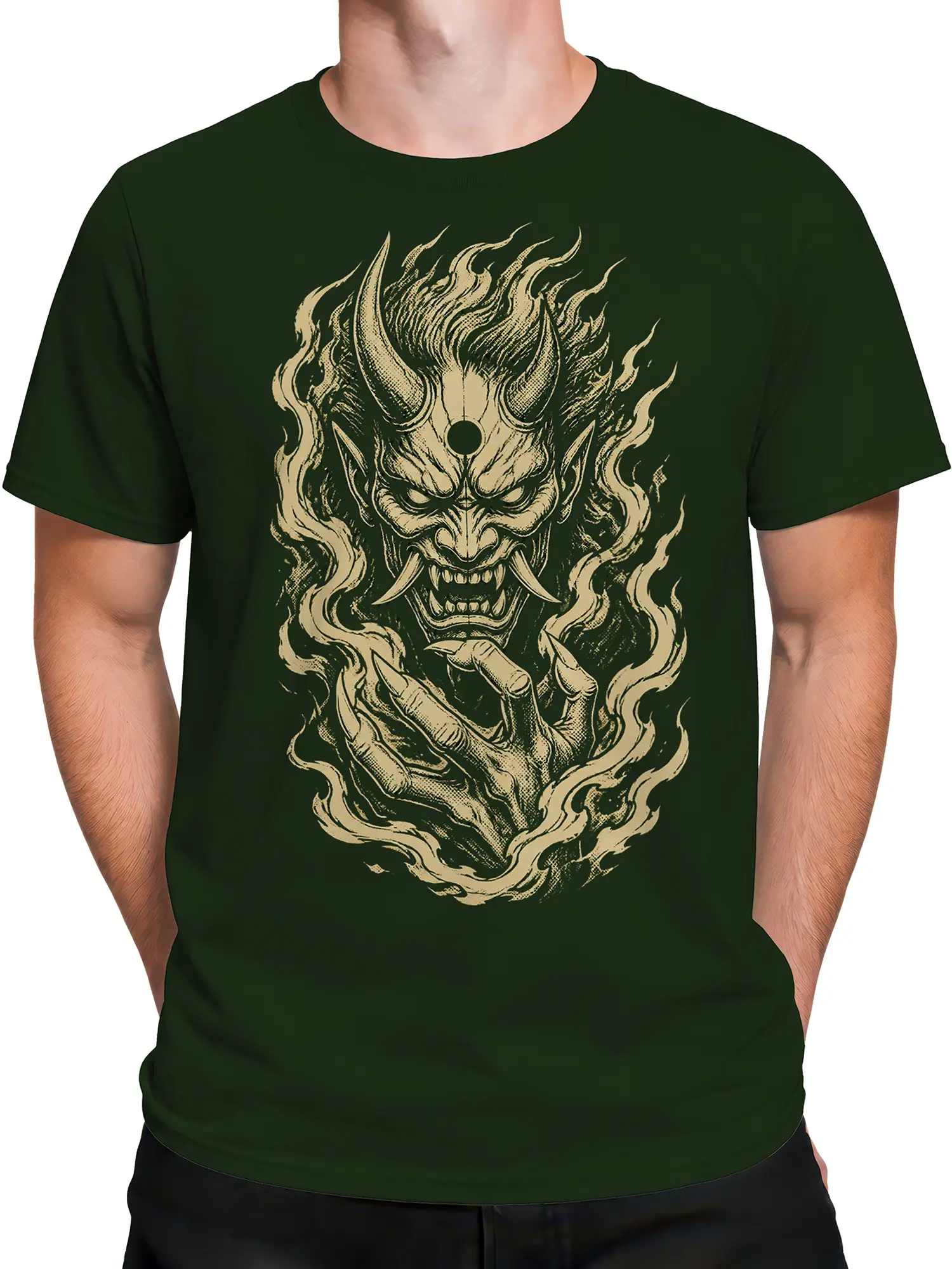 Male torso wearing dark green horned demon T-shirt with cream graphic artwork
