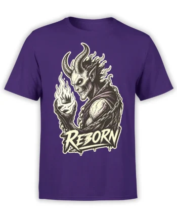 Purple T-shirt with horned skeletal creature, chained details, crowned figure, and REBORN graphic