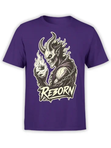 Purple T-shirt with horned skeletal creature, chained details, crowned figure, and REBORN graphic