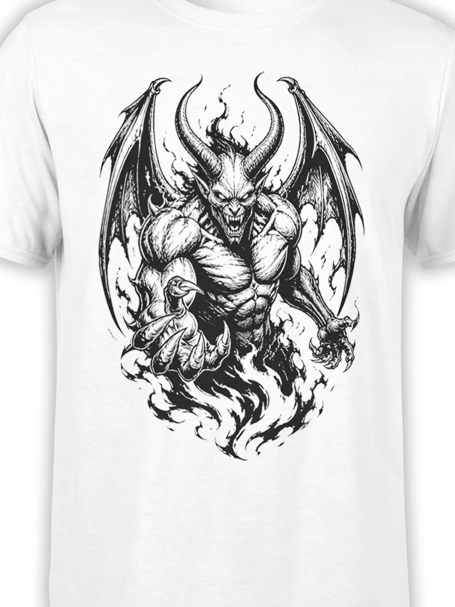 Close-up of the black-and-white winged monster design with curved horns, pointed ears, claws, and dramatic shading