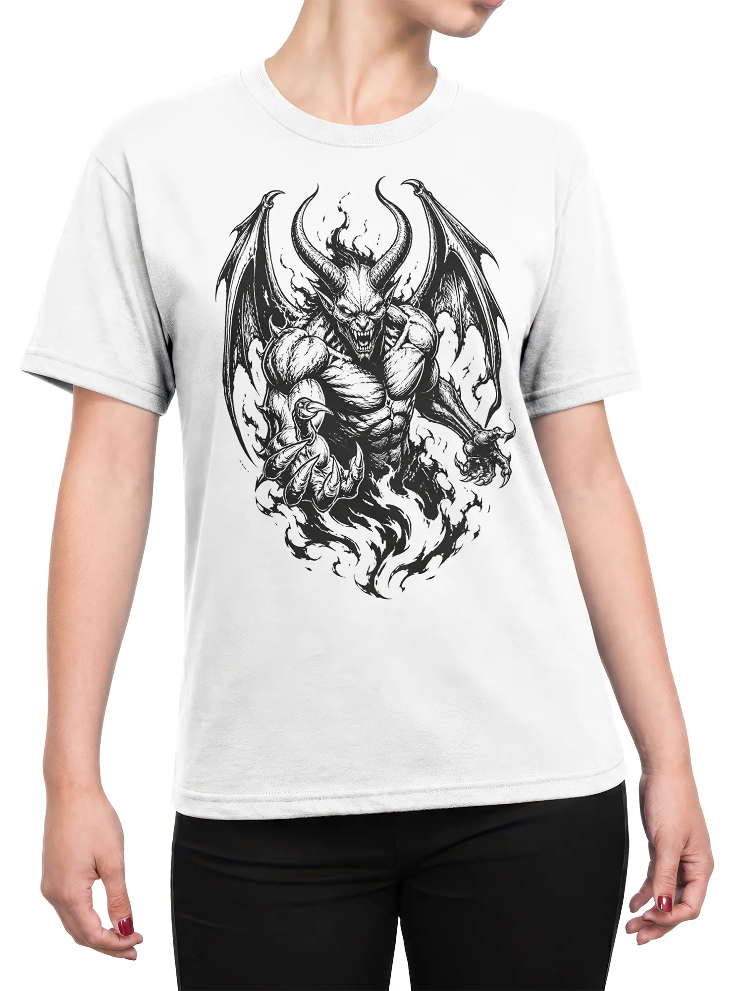 Female torso wearing a white T-shirt with a bold black-and-white horned winged monster design