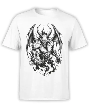 White T-shirt with a black-and-white horned winged monster, sharp claws, large wings, and curling smoke
