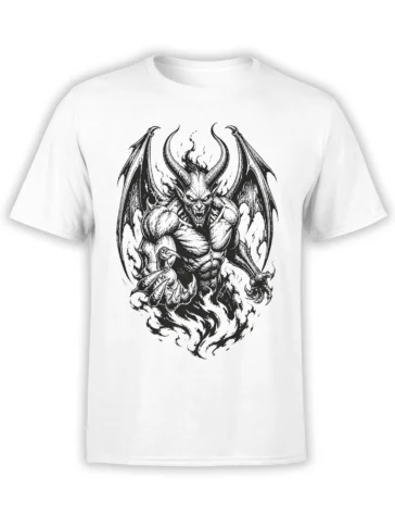 White T-shirt with a black-and-white horned winged monster, sharp claws, large wings, and curling smoke