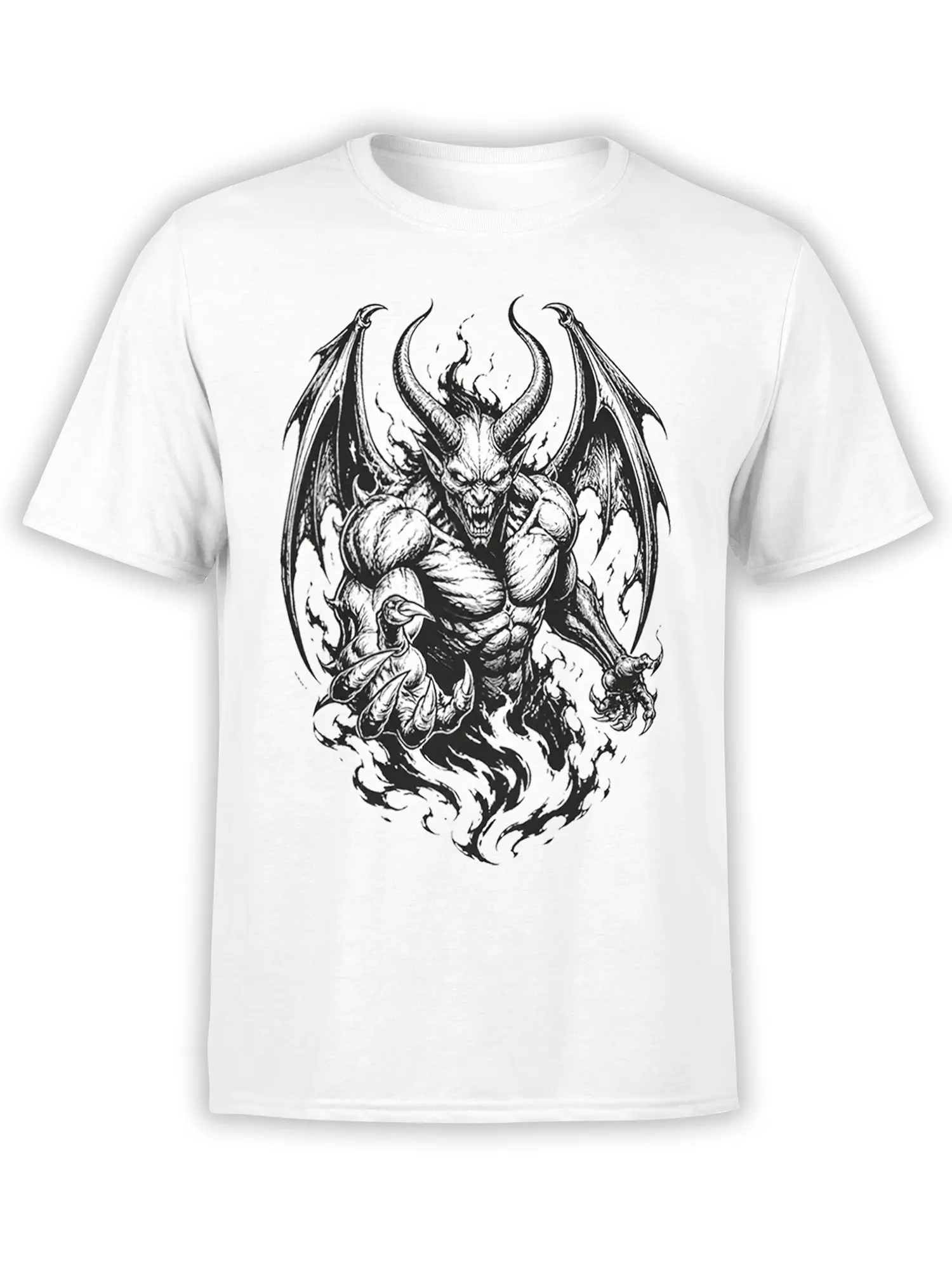 White T-shirt with a black-and-white horned winged monster, sharp claws, large wings, and curling smoke
