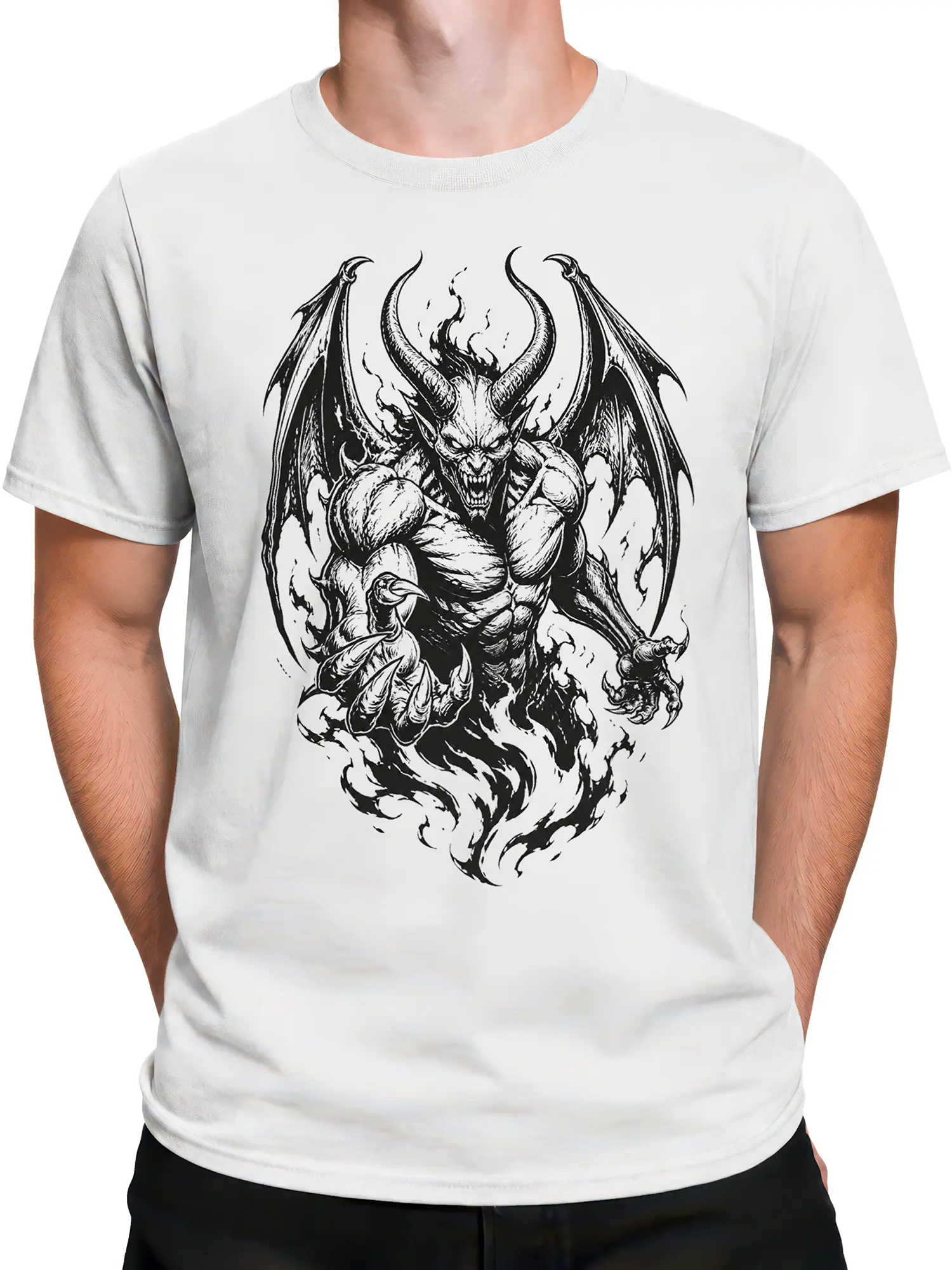 Male torso wearing a white T-shirt with a detailed black-and-white winged monster graphic