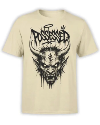 Beige T-shirt featuring a horned possessed demon face, halo, fangs, and dripping black gothic lettering
