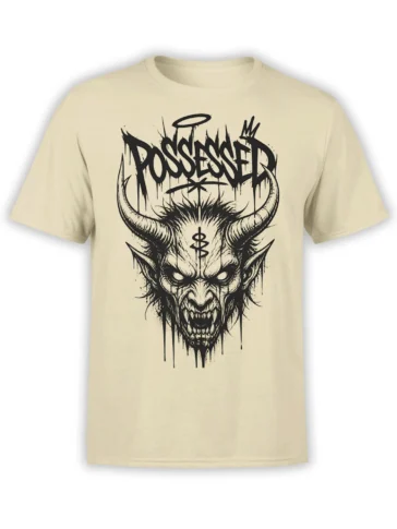 Beige T-shirt featuring a horned possessed demon face, halo, fangs, and dripping black gothic lettering