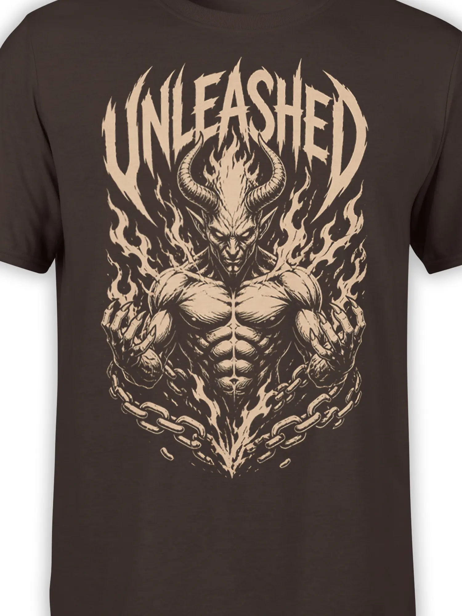 Close-up of horned demon artwork with flames and broken chains on a dark brown T-shirt