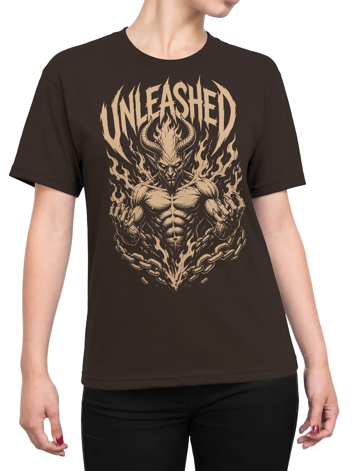 Female torso wearing a dark brown T-shirt with a horned demon, flames, and broken chain design