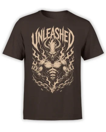 Dark brown T-shirt featuring a horned demon surrounded by flames and broken chains beneath UNLEASHED lettering