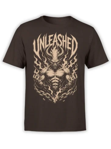 Dark brown T-shirt featuring a horned demon surrounded by flames and broken chains beneath UNLEASHED lettering