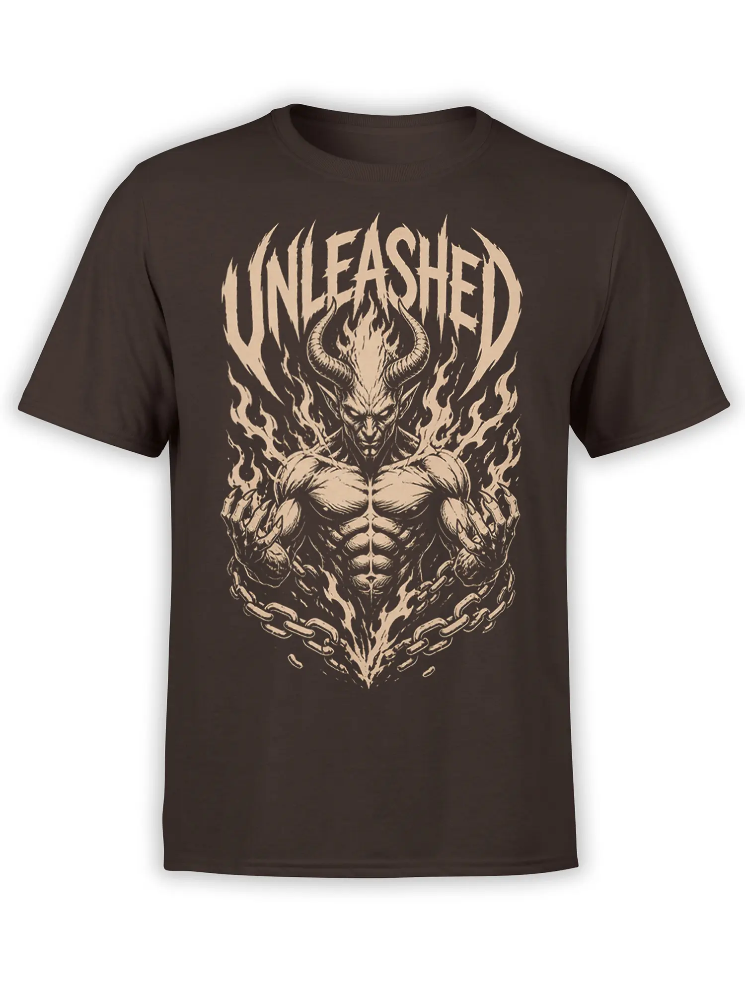 Dark brown T-shirt featuring a horned demon surrounded by flames and broken chains beneath UNLEASHED lettering