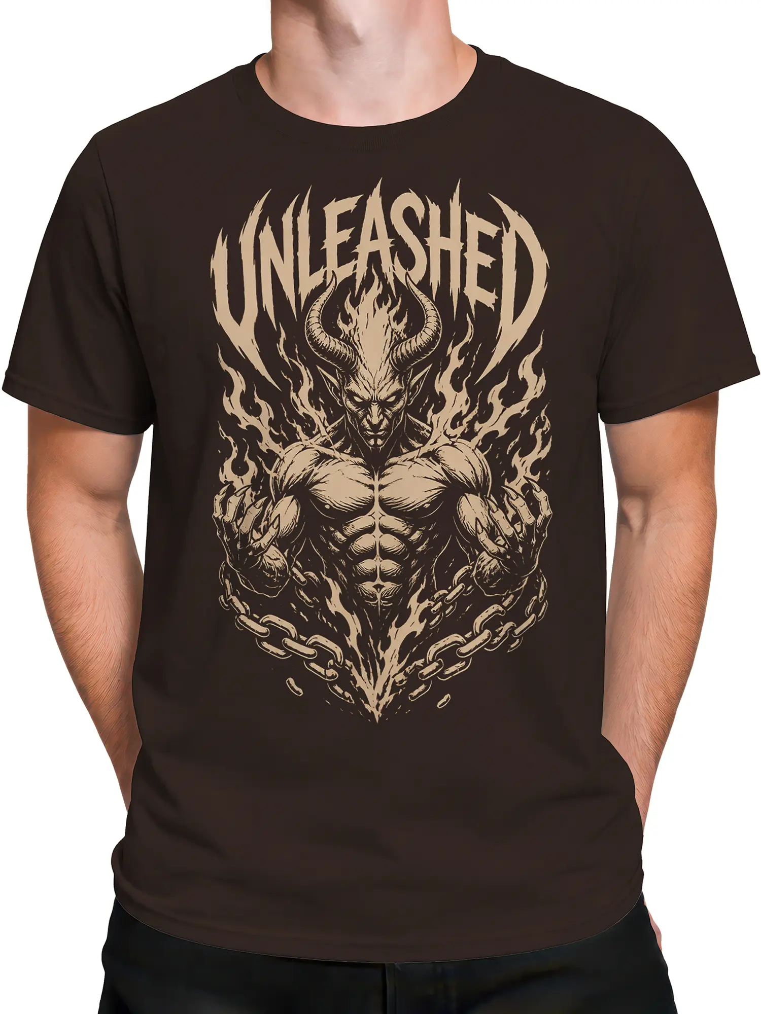 Male torso wearing a dark brown horned demon T-shirt with flames and broken chain artwork