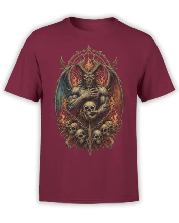 Horned demon with fiery wings and skulls printed on a burgundy graphic T-shirt