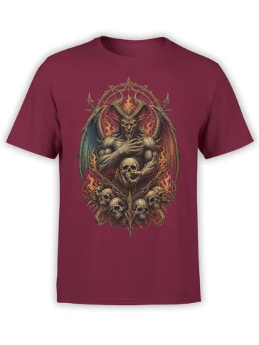 Horned demon with fiery wings and skulls printed on a burgundy graphic T-shirt