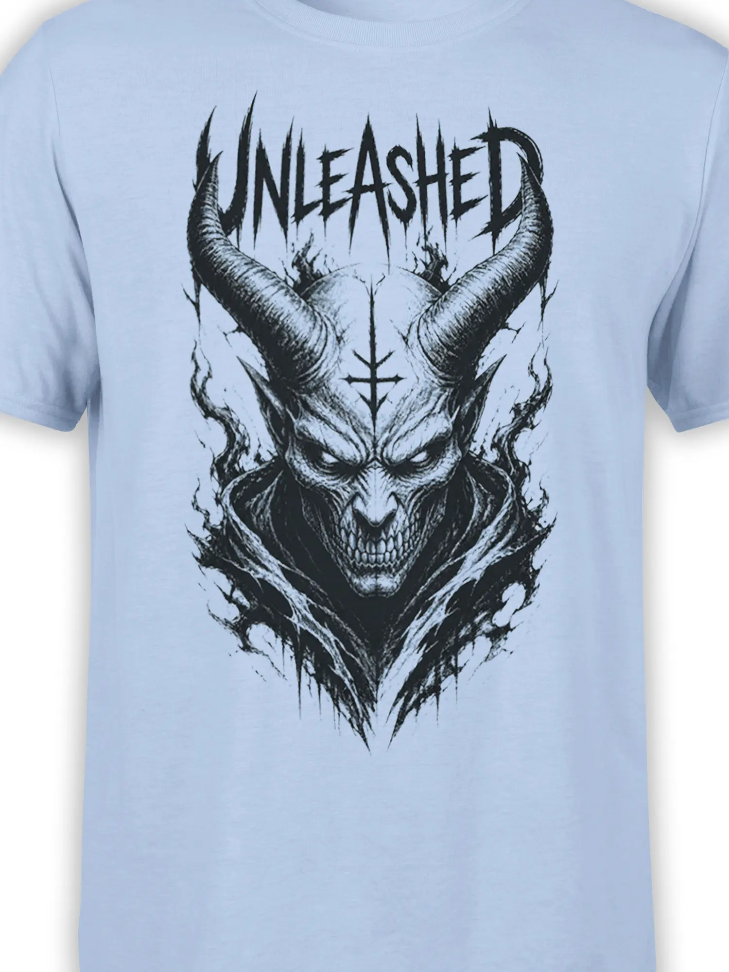 Close-up of the horned demon graphic and UNLEASHED text on a light blue fantasy T-shirt