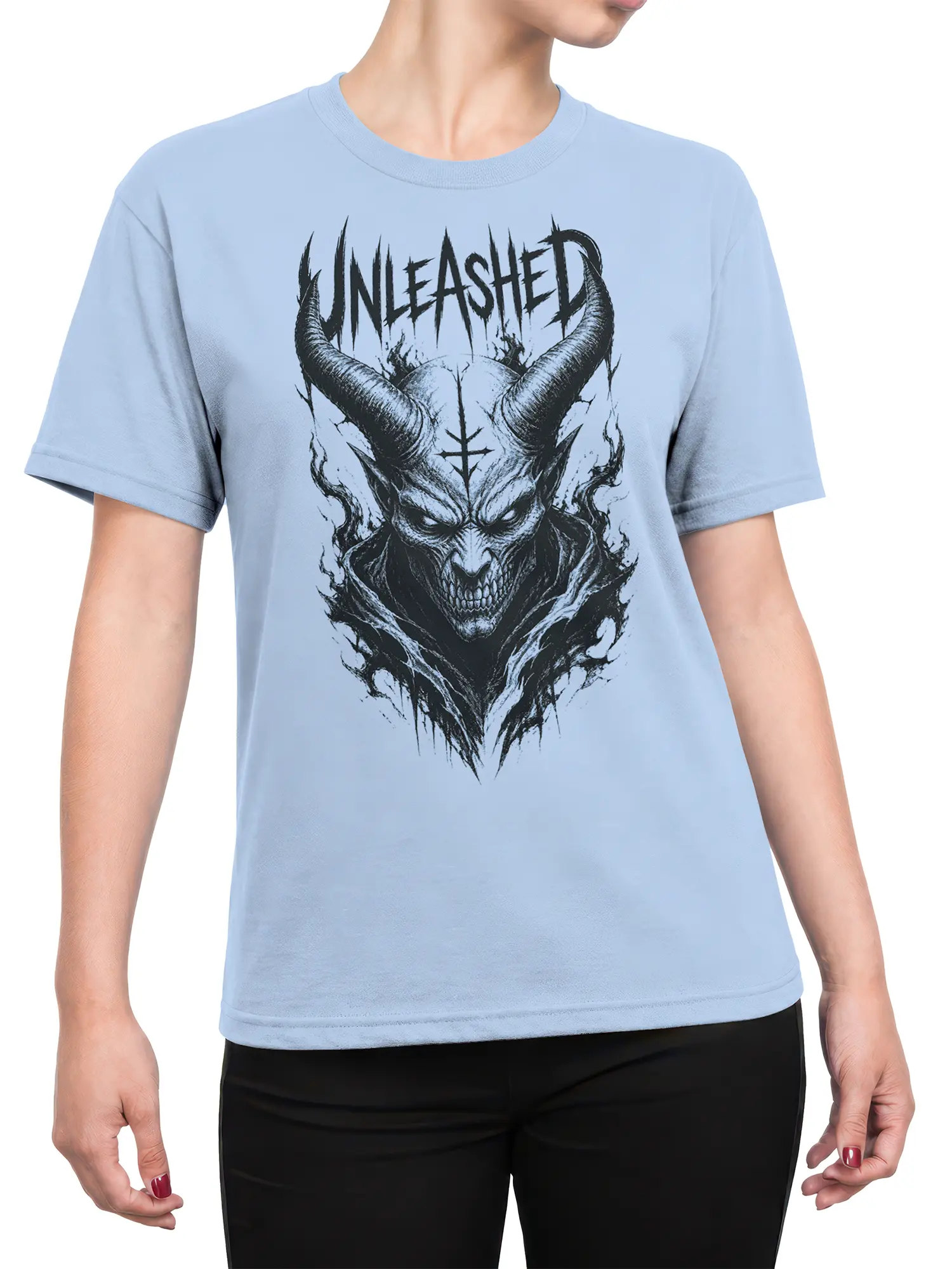 Female torso wearing a light blue T-shirt with a bold horned demon and UNLEASHED fantasy graphic