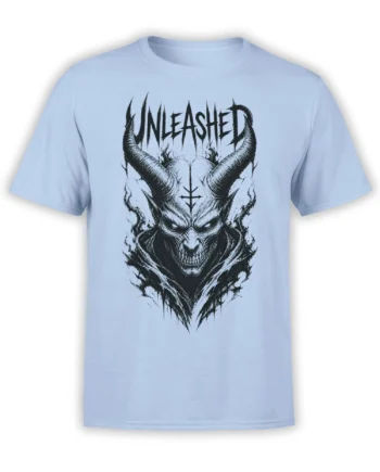 Light blue T-shirt featuring a grinning horned demon, sharp teeth, dark flames, and bold UNLEASHED lettering