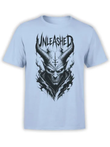 Light blue T-shirt featuring a grinning horned demon, sharp teeth, dark flames, and bold UNLEASHED lettering