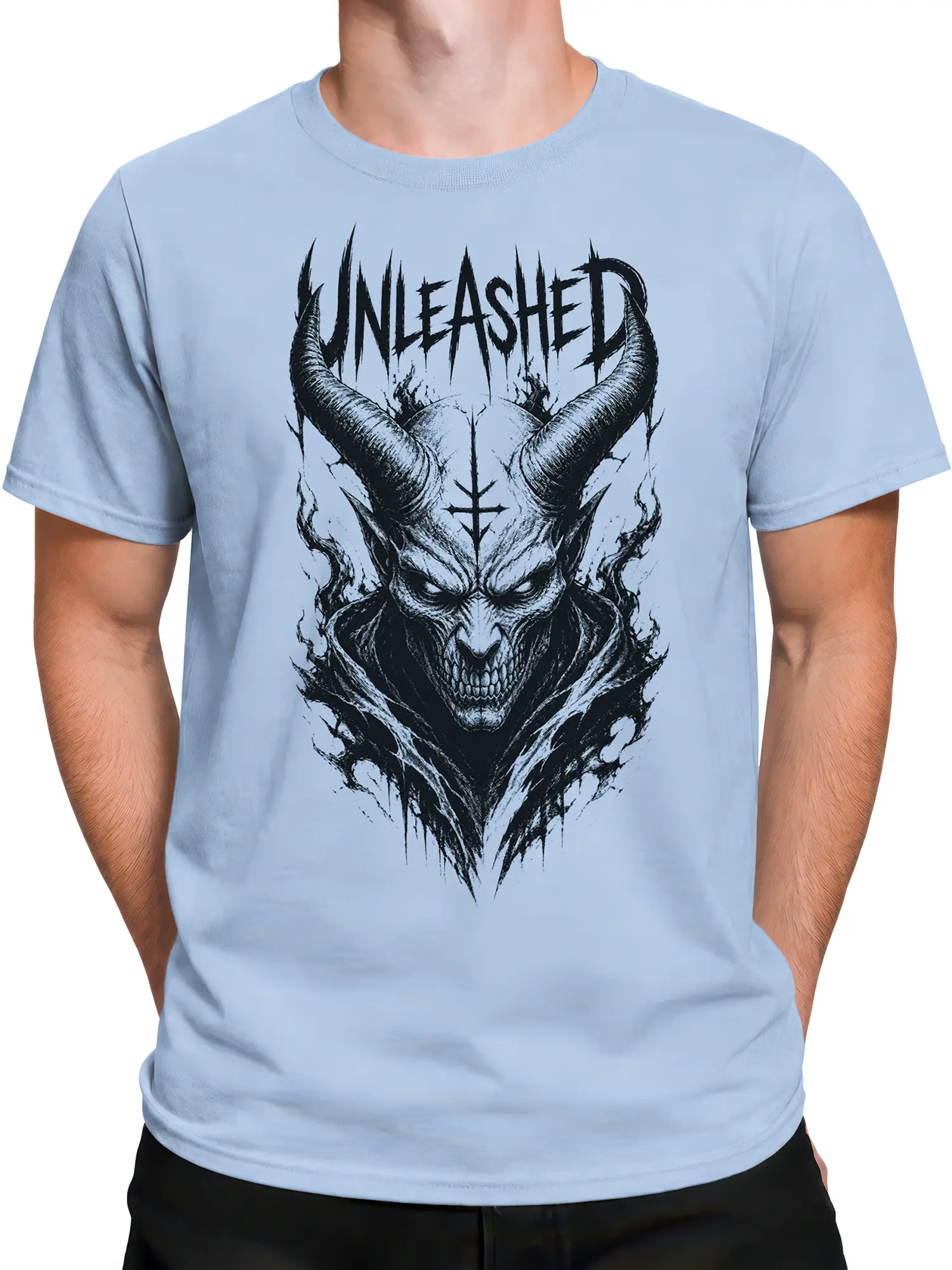 Male torso wearing a light blue T-shirt with a grinning horned demon and UNLEASHED design