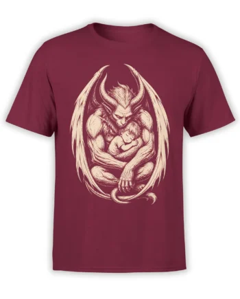 Horned winged demon embracing a sleeping child on a burgundy fantasy T-shirt