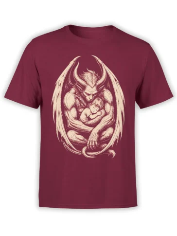 Horned winged demon embracing a sleeping child on a burgundy fantasy T-shirt