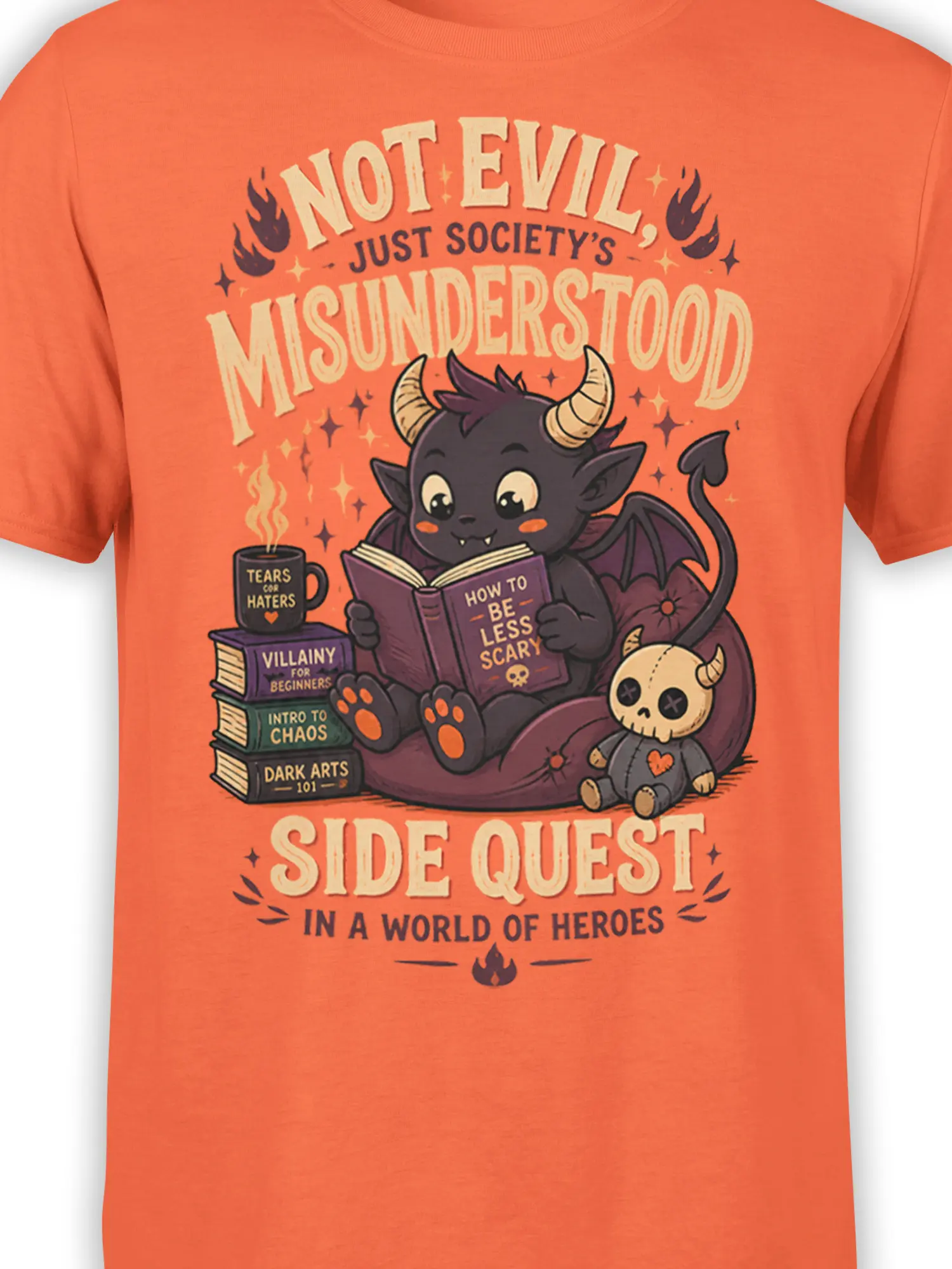 Close-up of horned demon, dark books, skull doll, and side quest artwork on coral fabric