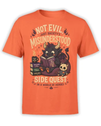Cute horned demon reading magical books on an orange coral fantasy T-shirt