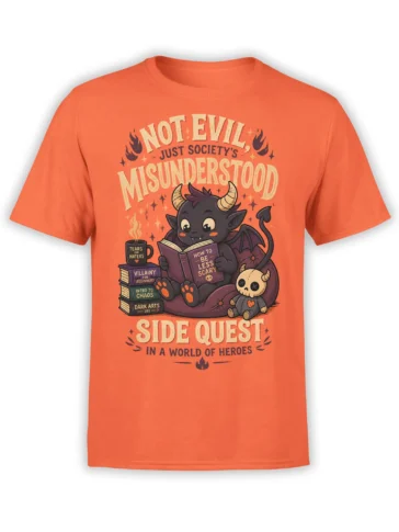 Cute horned demon reading magical books on an orange coral fantasy T-shirt