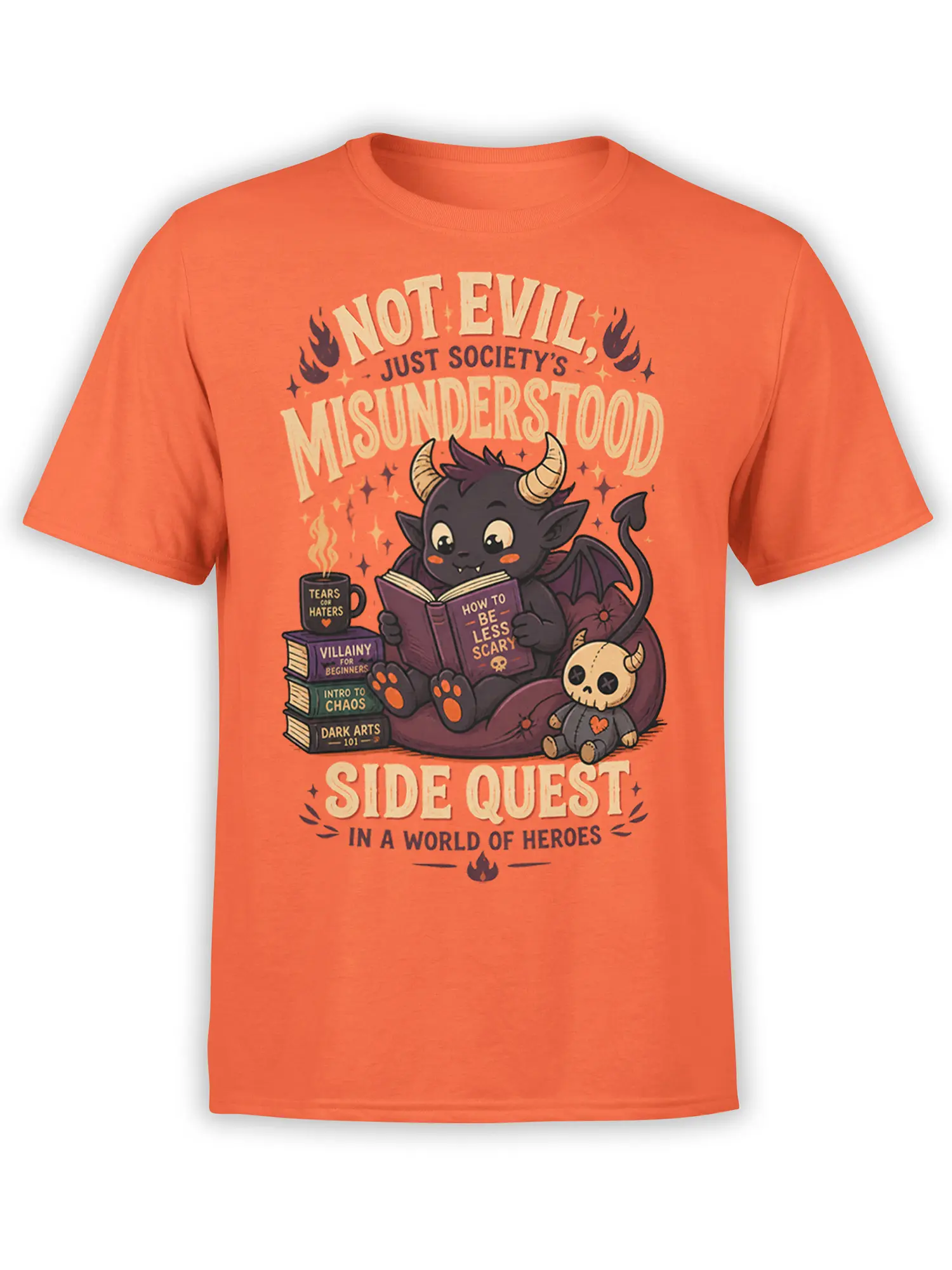 Cute horned demon reading magical books on an orange coral fantasy T-shirt