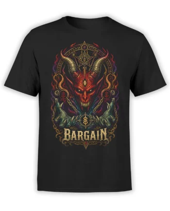 Black demon T-shirt with a horned red creature, occult symbols, flames, chains, and bold “BARGAIN” lettering