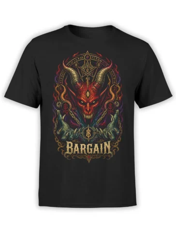 Black demon T-shirt with a horned red creature, occult symbols, flames, chains, and bold “BARGAIN” lettering