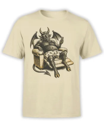 Beige demon t-shirt with a winged, horned creature lounging in an armchair with sunglasses and a remote