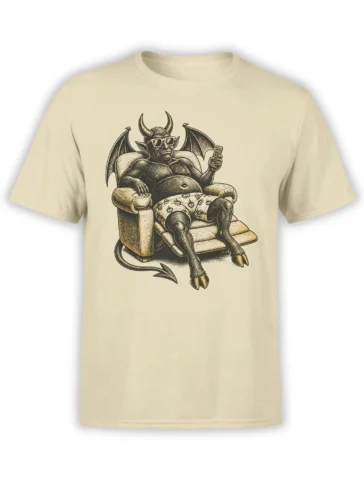 Beige demon t-shirt with a winged, horned creature lounging in an armchair with sunglasses and a remote