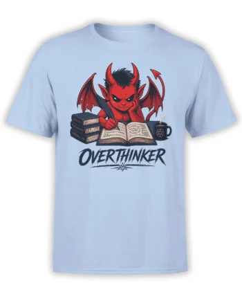 Light blue devil t-shirt with a red winged demon, spellbook, coffee mug, books, and OVERTHINKER lettering