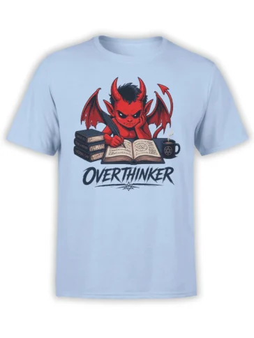 Light blue devil t-shirt with a red winged demon, spellbook, coffee mug, books, and OVERTHINKER lettering